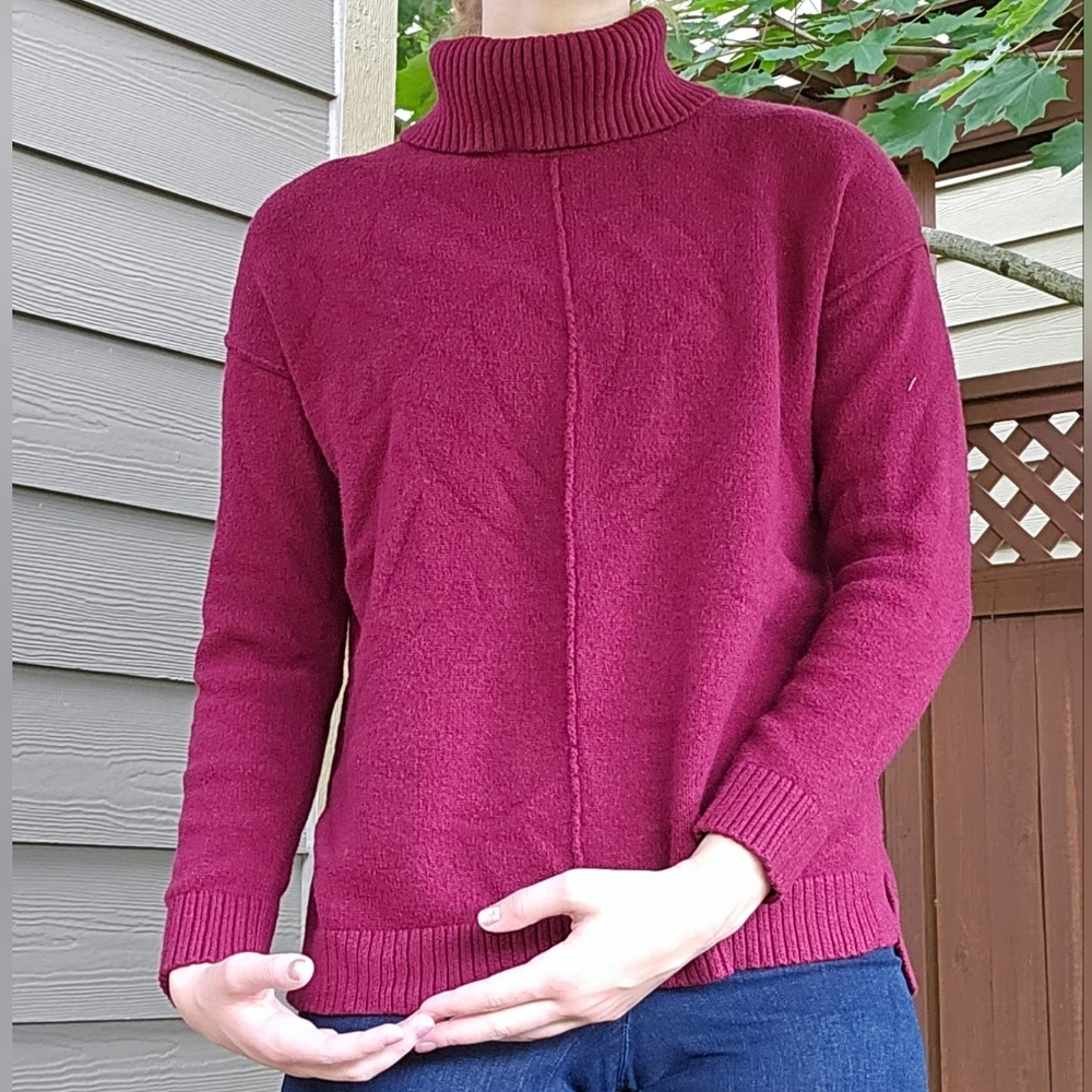 dark red sweater with cowl neck